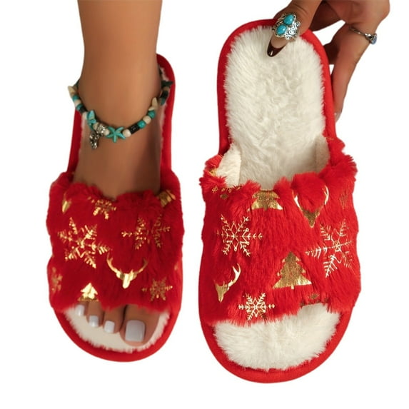 Ladies Fashion Christmas Winter Warm Solid Flower Flat Bottom Slippers for Women
