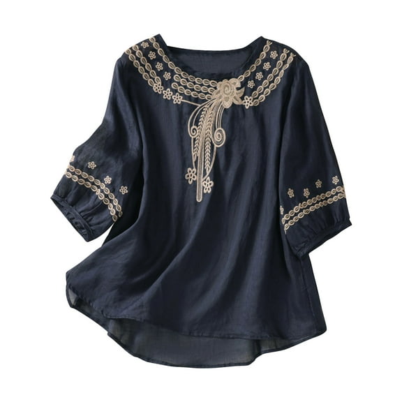 Ladies Fashion Color Embroidery Half Sleeve Cotton Linen Casual Loose Shirt