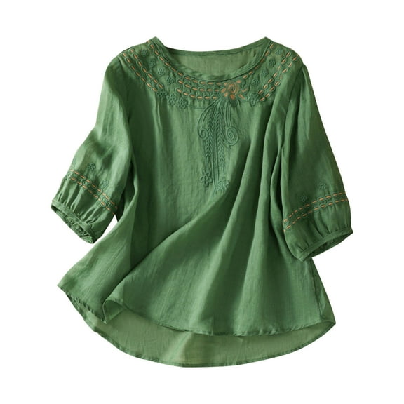 Ladies Fashion Color Embroidery Half Sleeve Cotton Linen Casual Loose Shirt