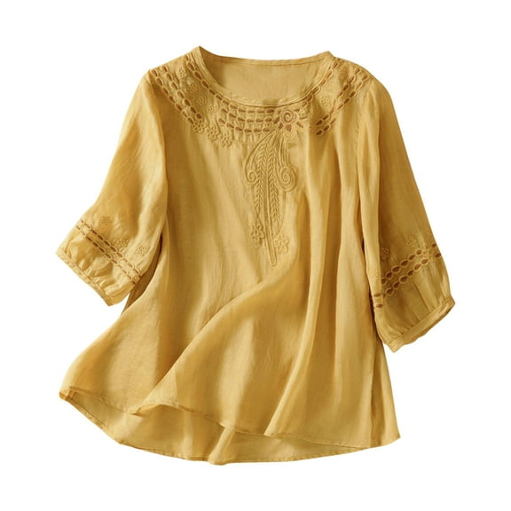 Ladies Fashion Color Embroidery Half Sleeve Cotton Linen Casual Loose Shirt