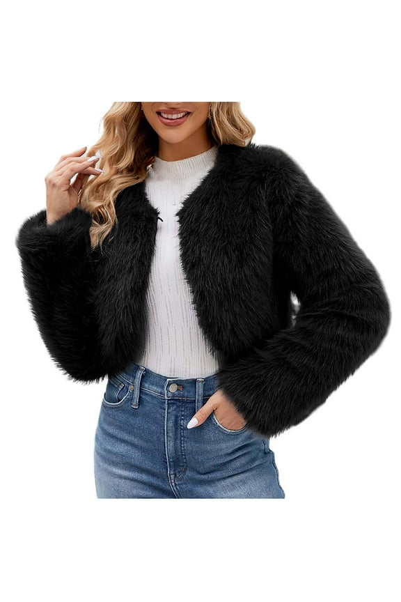 Ladies Fashion Fuzzy Long Jackets Leopard/Zebra Print Warm Overcoat Notched Collar Long Sleeve Mid-length Coat (Medium, Black)