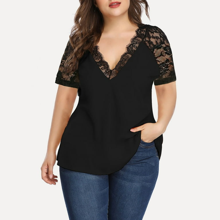 Chiffon Short sleeve Round neck Lace Patchwork T-shirt Chiffon Short sleeve Round neck Lace Patchwork T-shirt