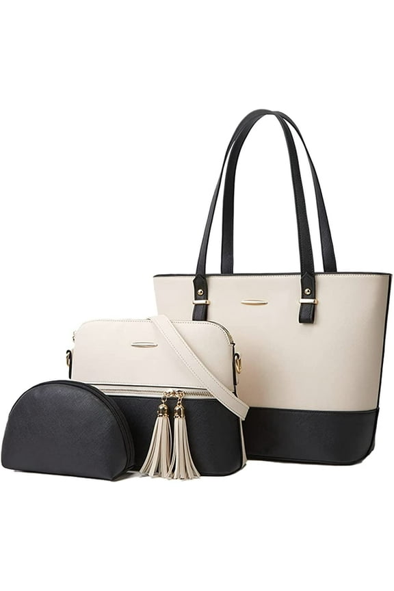 Ladies Fashion Leather Handbag 3pcs/set (Black/White)