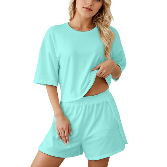 Ladies Fashion Pajama Set Solid Color Loose Shorts Set