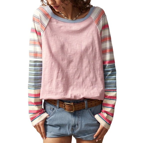 Ladies' Fashion Plus Size Striped Long-Sleeve Top - Pink Mixed Color Stripes, Round Neck, Oversized XXL Fit, Elegant Casual Style, Size XXL