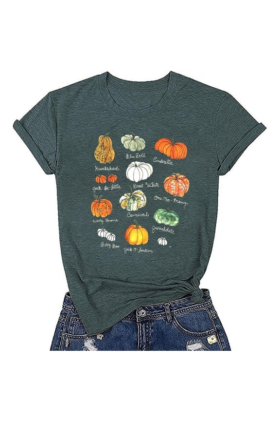 Ladies Fashion Pumpkin Print Round Neck Short Sleeve T Shirt Top Workout Tops for Women
