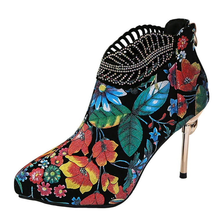 Ladies Fashion Retro Colorful Flower Pointed Back Zipper Thin High Heel Short Boots Womens Platform Booties And Boots Womens Leather Boots Heels Shoes