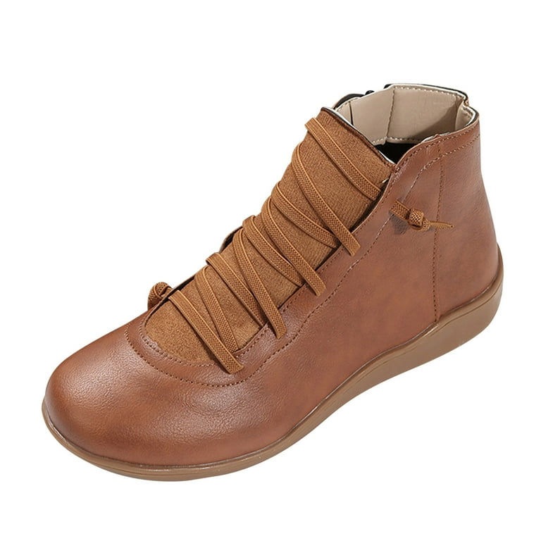 Ladies Fashion Retro Solid Color Leather Side Zipper Flat Casual Short Boots Western Boots for Women Rustic Winter Boots for Women with Heel Womens Boots No Heel Lace up Clear Boots for