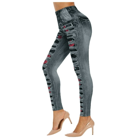 Ladies Fashion Rose Printed Denim Leggings - Stretchy Hugging Sports Pants - Casual Comfortable Fit for All Seasons