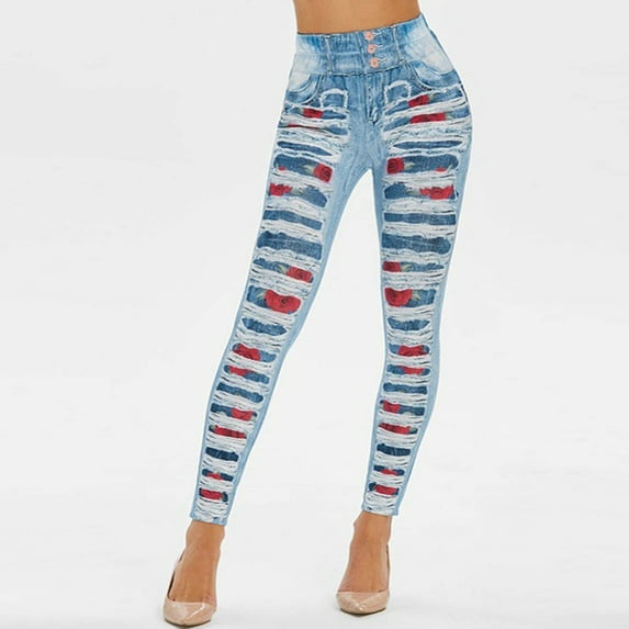 Ladies Fashion Rose Printed Denim Sports Comfortable Leggings Cute Leggings Womens Negligee Short Winter Cute Clothes for Women Cropped Leggings for Women with Pockets 3x Leggings for Women plus Size
