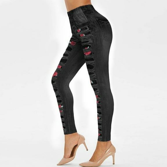 Ladies Fashion Rose Printed Denim Sports Comfortable Leggings Cute Leggings Womens Negligee Short Winter Cute Clothes for Women Cropped Leggings for Women with Pockets 3x Leggings for Women plus Size