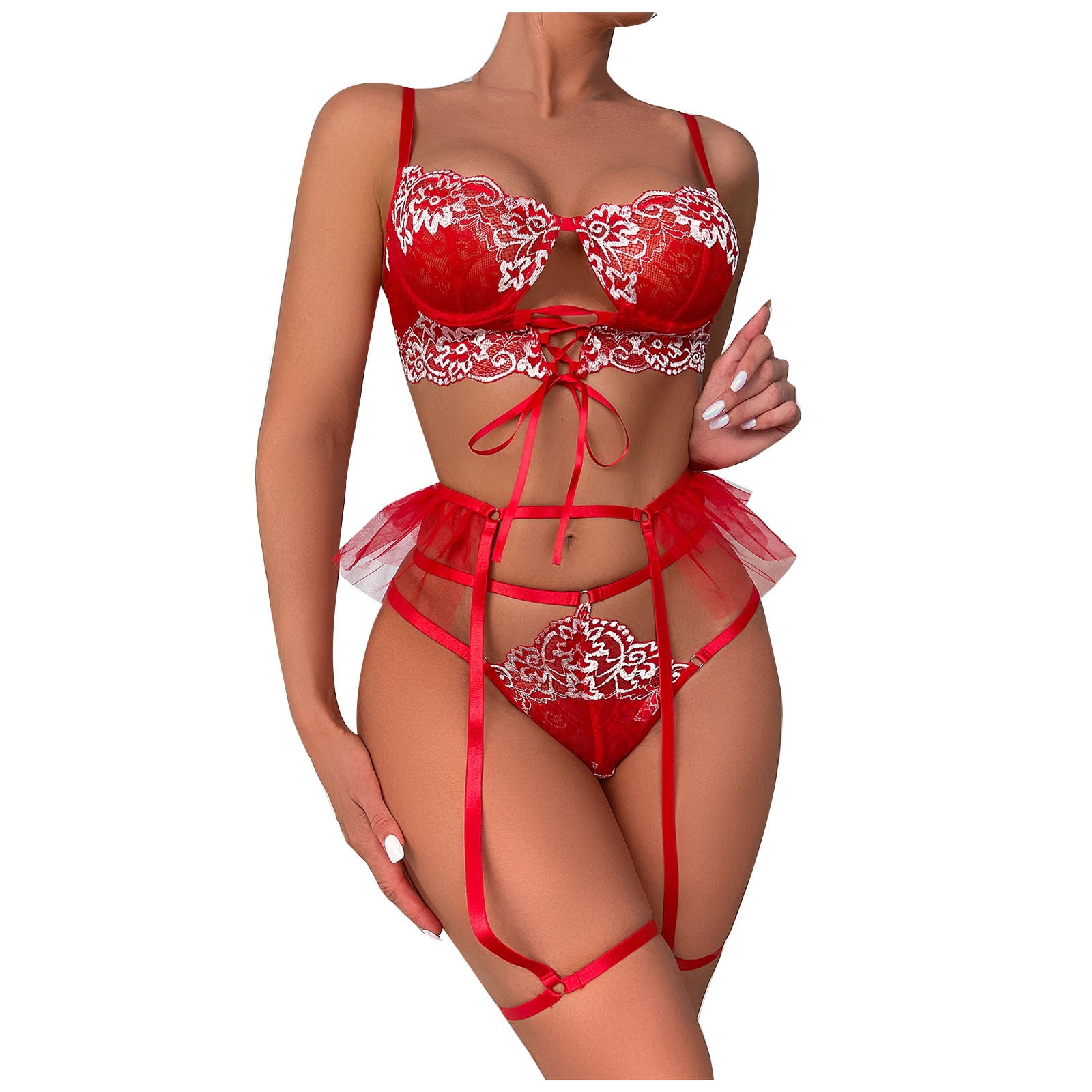 solacol Ladies Fashion Sexy Cute Lingerie Hollow Lattice Ruffles Sexy  Underwear Thong Garter Belt Suit