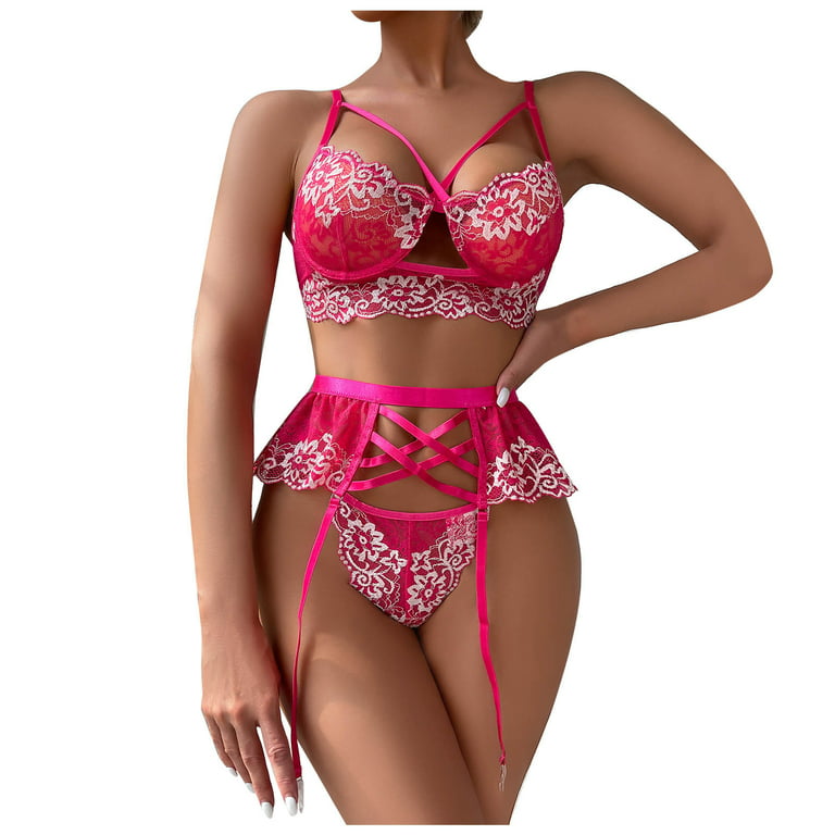 Ladies Fashion Sexy Cute Lingerie Hollow Lace Flowers Ruffles Sexy Underwear  Thong Garter Belt Suit 