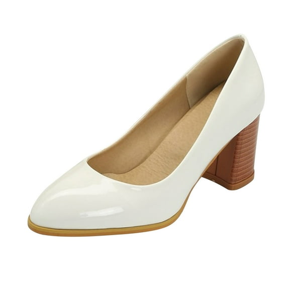 Xiaoxatg Ladies Fashion Solid Color Bright Leather Pointed Casual Thick High Heeled Shoes for Women 8.5 White