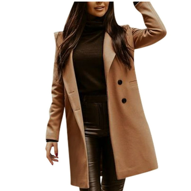 Ladies Fashion Solid Color Plus Size Long Jacket Women Lapel Mid Length Button Woolen Sweaters Plus Size Coat Jacket A Fine Fleece Women Tall Winter Coat Plush Coat for Women plus Size Na