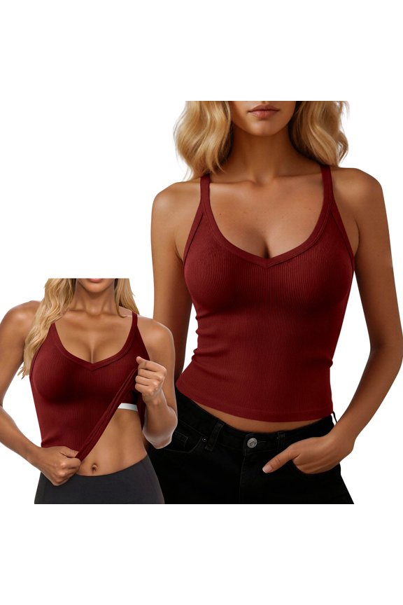 Ladies' Fashion Solid Color V-Neck Slim Fit Slim Shoulder Strap Fixed Chest Cushion Vest Sleeveless Top
