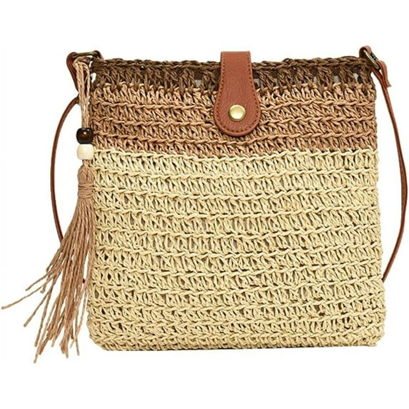 Ladies Fashion Straw Beach Bag Rattan Purse Summer Straw Crossbody Raffia Handbag Square Tassel Bag Gift