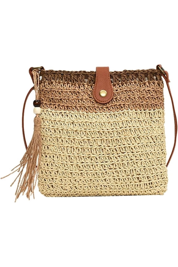 Ladies Fashion Straw Beach Bag Rattan Purse Summer Straw Crossbody Raffia Handbag Square Tassel Bag Gift
