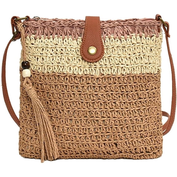 Ladies Fashion Straw Beach Bag Rattan Purse Summer Straw Crossbody Raffia Handbag Square Tassel Bag Gift