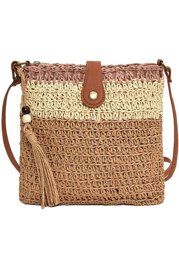 Ladies Fashion Straw Beach Bag Rattan Purse Summer Straw Crossbody Raffia Handbag Square Tassel Bag Gift