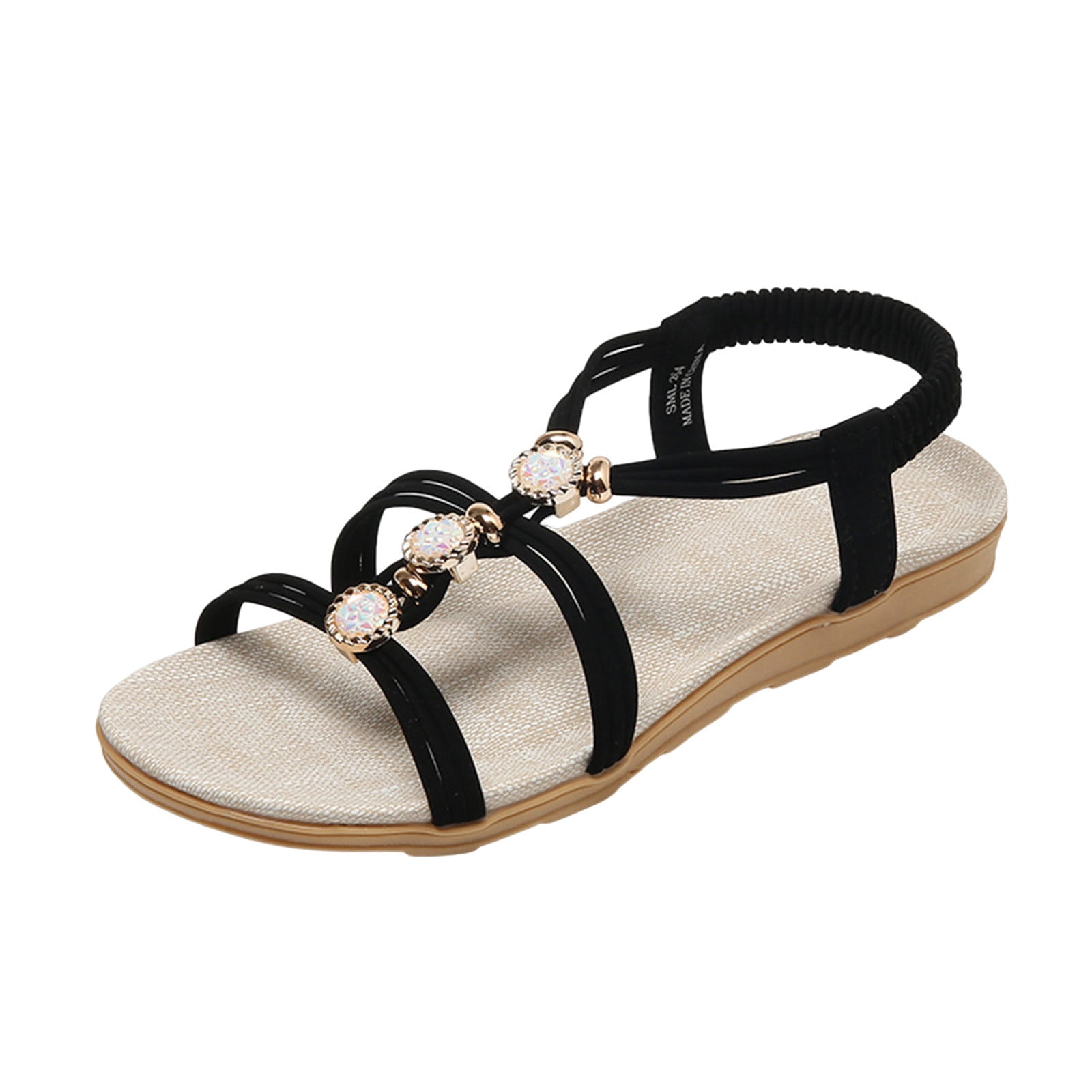 Ladies Fashion Suede Rhinestone Elastic Band Open Toe Flat Roman