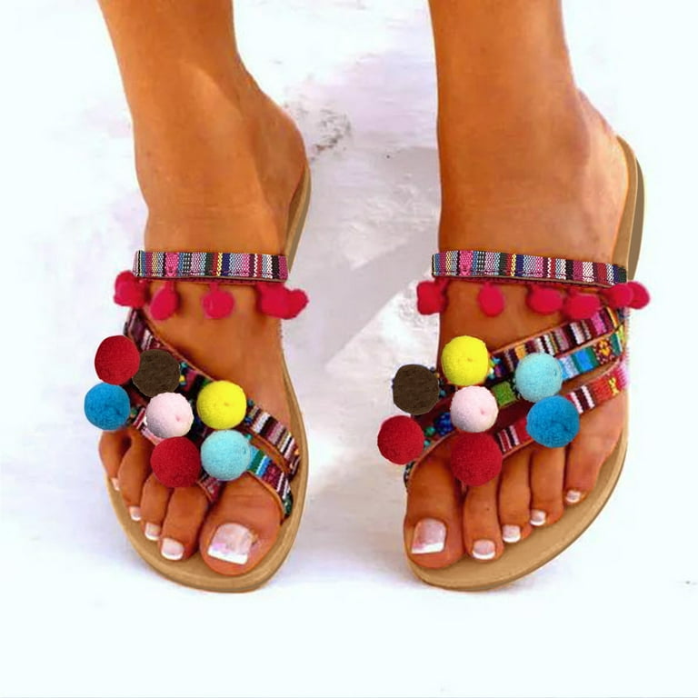 Ladies Fashion Summer Colorful Cloth Plush Ball Decor Boho Flat Sandals Quilted Sandals for Women Womens Slide on Sandals
