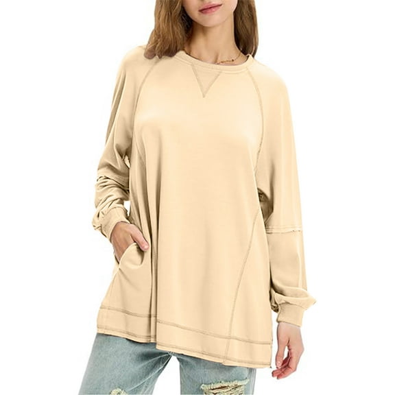 Ladies Fashion Sweatshirts Crew Neck Beige Long Sleeved Patchwork Solid Color Loose Casual Save 65% Instantly!