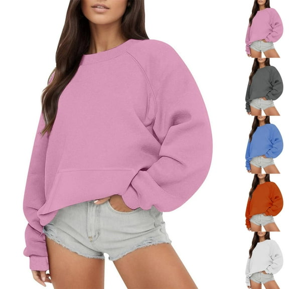Ladies Fashion Sweatshirts Crew Neck Pink Long Sleeve Hoodless Casual Loose Blouse Save 65% Instantly!