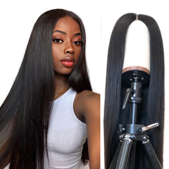 Ladies' Fashion Synthetic Headset Black Mid Split Long Straight Hair In Stock