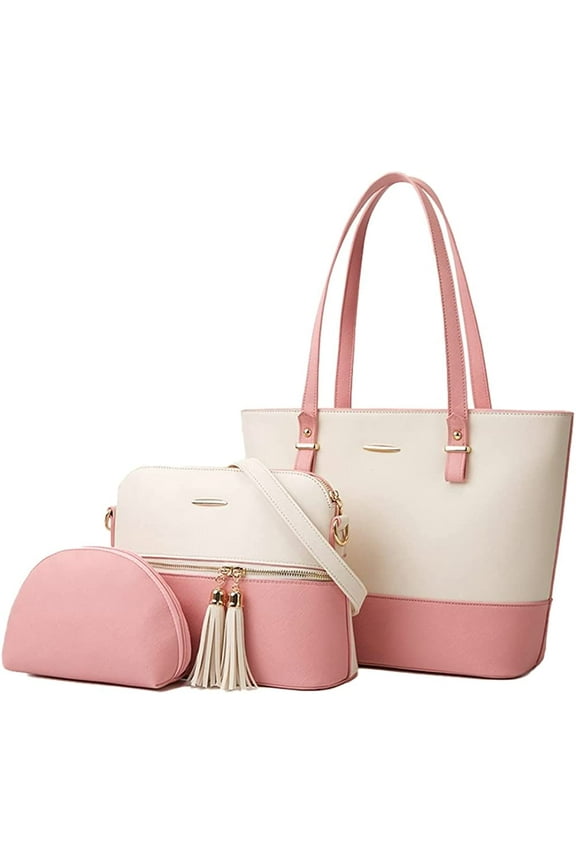 Ladies Fashion Tote Handbag Satchel 3pcs Purse Set PU Leather Shoulder Bag Clutch. (Pink-White))
