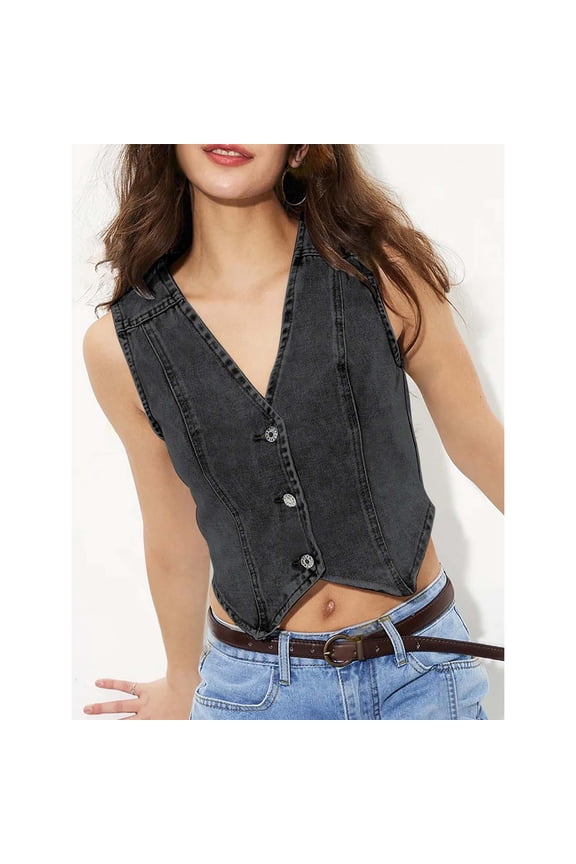 Ladies Fashion V Neck Denim Vest Versatile Top For Women Casual Wear Stylish Sleeveless Jean Blouse Beaded Women Graphic Loose Shirt Women Athletic Wear 80s Tops for Women Cute Summer Tops Baggy