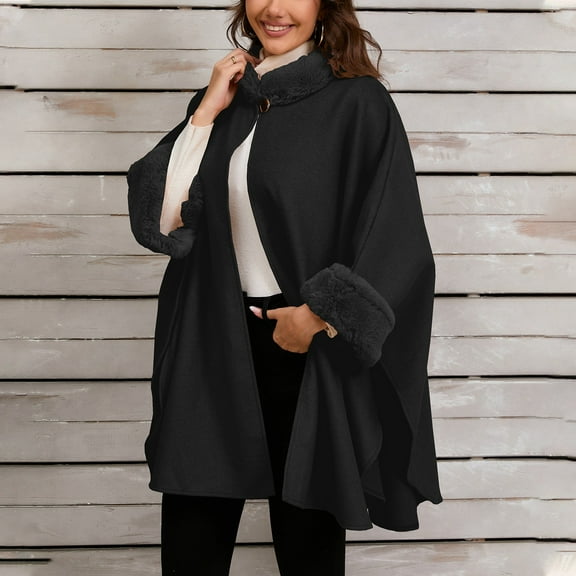 Ladies Fashion Vintage Loose Furry Collar With Solid Color Windcape Coat Hooded Cloak for Women Floor Length Sparkly Jacket over Dress Women's Scarfs Winter Sweaters for Evening Dresses Chiffon Scarf