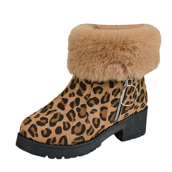 Xiaoxatg Ladies Fashion Winter Suede Leopard Pattern Side Zipper Short Boots with Thick Heel for Women 8 Brown