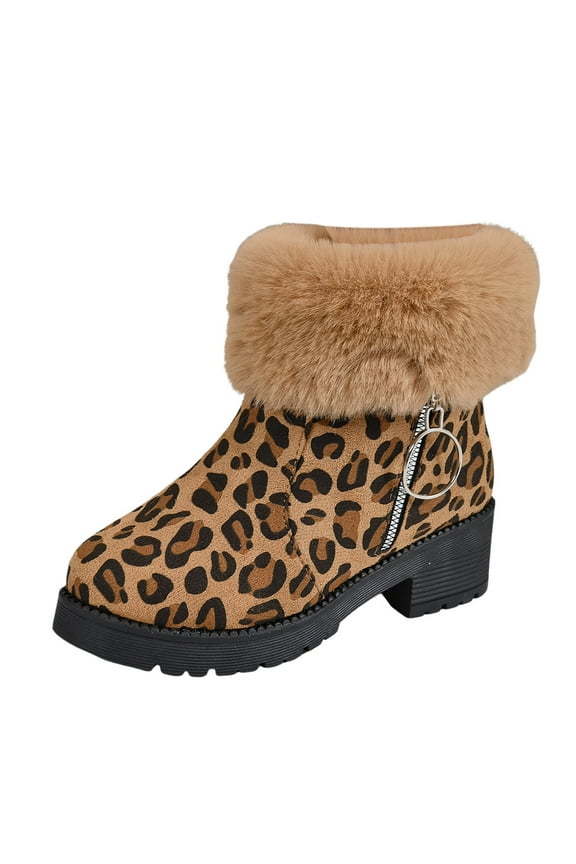 Ladies Fashion Winter Suede Leopard Pattern Side Zipper Short Boots with Thick Heel for Women 8 Brown