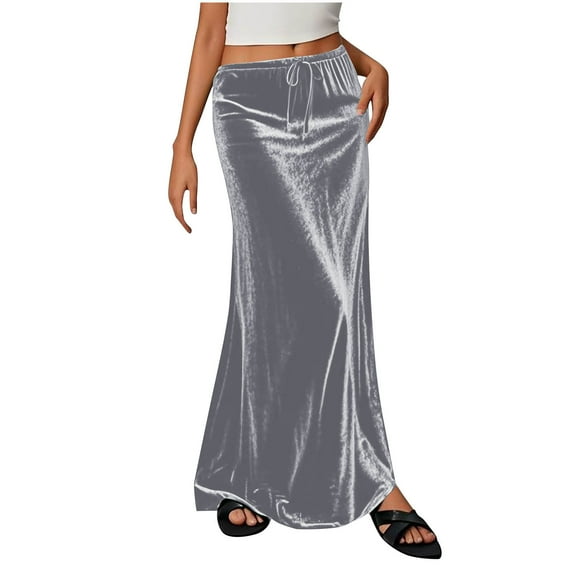 Ladies Fashion Women Solid Color Elastic Waist Drawstring Long Skirt Casual High Waist Ankle Length Skirt for Women Comfortable Sequin Skirt Women's Shiny Sparkly Sequin Maxi Skirt