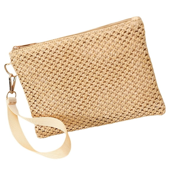 Ladies Fashion Wristlet Purse Solid Color Straw Woven Handbag for Beach Vacation