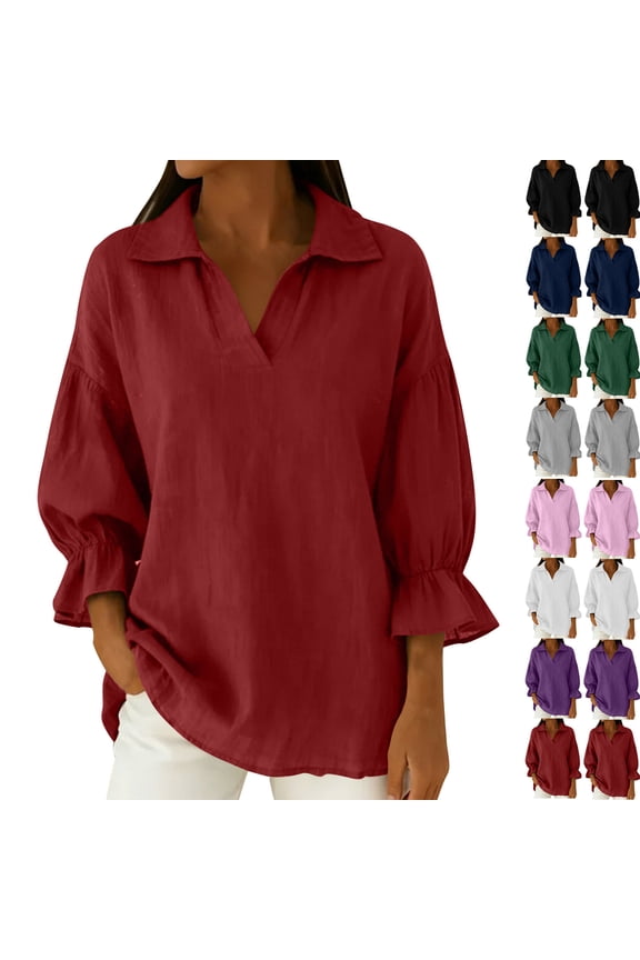Ladies' Fashionable Casual 3/4 Sleeve Solid Color Shoulder Down Lapel Top Blouse Shirt for Women | CSEONE,Wine XL