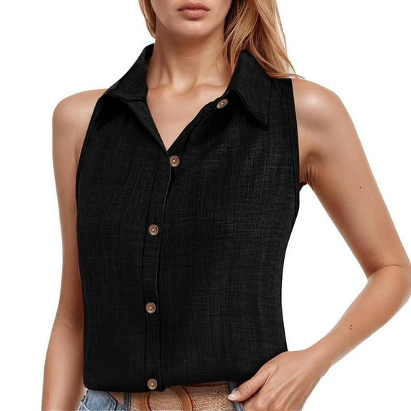 Ladies' Fashionable Casual Lapel And Linen Button Sleeveless Shirt And Vest