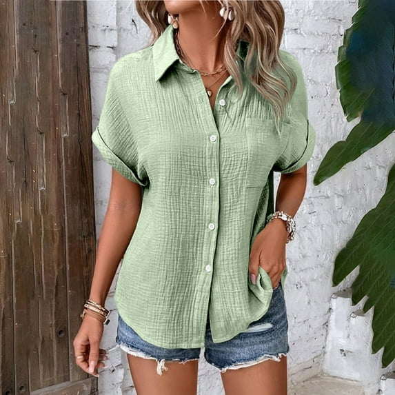 Ladies' Fashionable And Casual Solid Color Batsleeved Button Short Sleeved Shirt Female Long Sleeve Shirts Dress Shirt Juniors Casual Shirts for Women Summer Tall Women T Shirts Womens plus Size