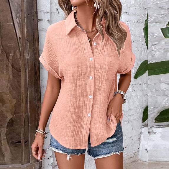 Ladies' Fashionable And Casual Solid Color Batsleeved Button Short Sleeved Shirt Women Pants T Shirt Set Women Women Inner Shirt Full Sleeve Shirts for Women Ladies Tees Color Long Sleeve Shirt V Neck