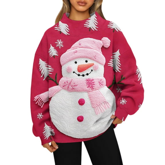 Ladies' Fashionable Christmas Printed Long Sleeved High Neck Sweatshirt Top for Holiday Season and Stylish Winter Wear,Blue,S