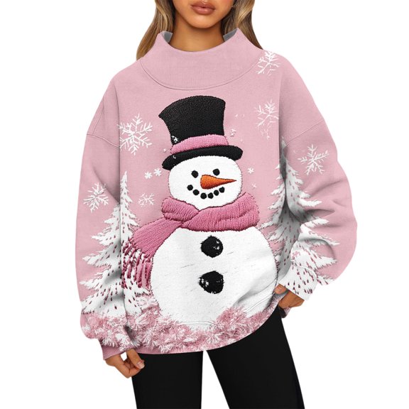 Ladies' Fashionable Christmas Printed Long Sleeved High Neck Sweatshirt Top for Holiday Season and Stylish Winter Wear,Watermelon Red,M