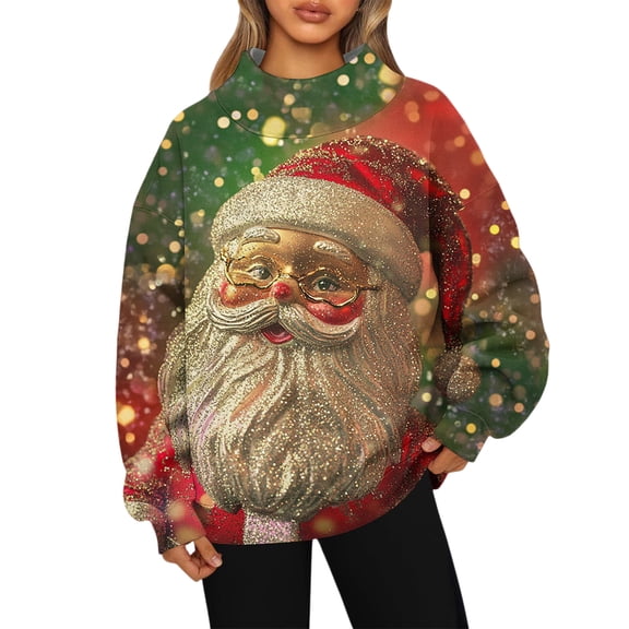 Ladies' Fashionable Christmas Printed Long Sleeved High Neck Sweatshirt Top for Holiday Season and Stylish Winter Wear,Wine,M