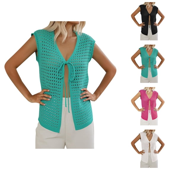 Ladies' Fashionable Cutout Sweater Short Sleeved Knitted Cardigan Vacation Lace Up Blouse Cardigan Sweaters for Women