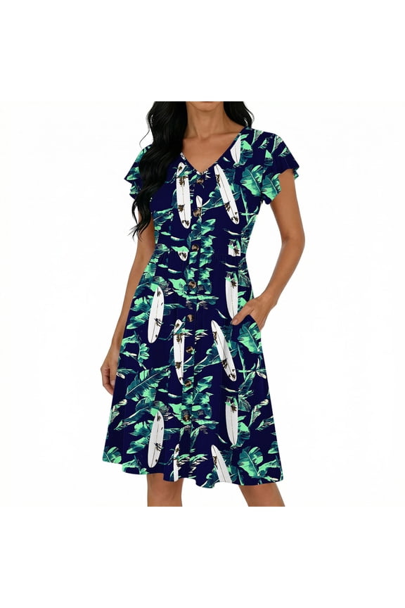 Ladies' Fashionable Printed Flying Sleeves Short Sleeved V-Neck High Waist Cinched A-Line Button Up Dress
