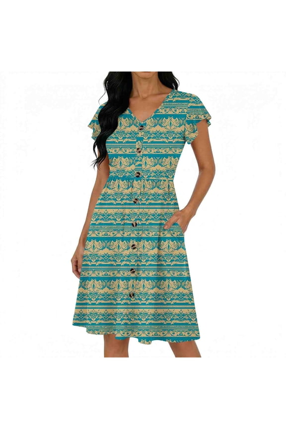 Ladies' Fashionable Printed Flying Sleeves Short Sleeved V-Neck High Waist Cinched A-Line Button Up Dress