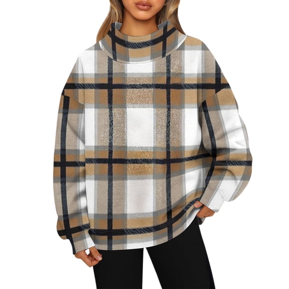 Ladies' Fashionable Printed Long Sleeve High Neck Sweatshirt Top with Geometric Plaid Design for Casual Comfort,Purple,L