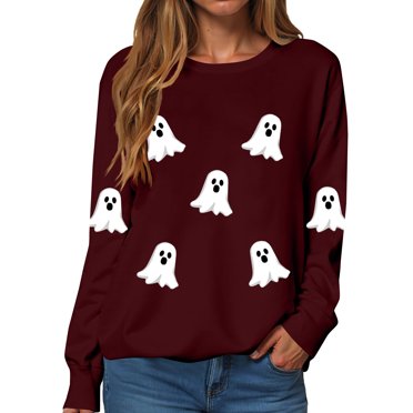 Ladies' Fashionable Printing Casual Hooded Long Sleeve Sweatshirt, Loose Crewneck with Halloween Small Ghosts Print Front and Back, Double Sided for Versatile Look,Wine,S