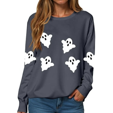 Ladies' Fashionable Printing Casual Hooded Long Sleeve Sweatshirt, Loose Crewneck with Halloween Ghost Print for Casual Comfort,Dark Gray,S