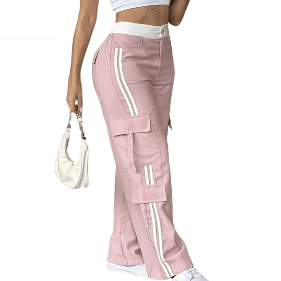 Ladies' Fashionable Side Striped Straight Leg Pants With Elastic Waist Pocket, Casual Sports Pants for Stylish and Practical Use,Pink,2XL